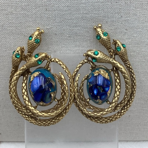 🎄🎄Art Glass Gold and Blue Serpent pierced Earrings - Picture 1 of 3